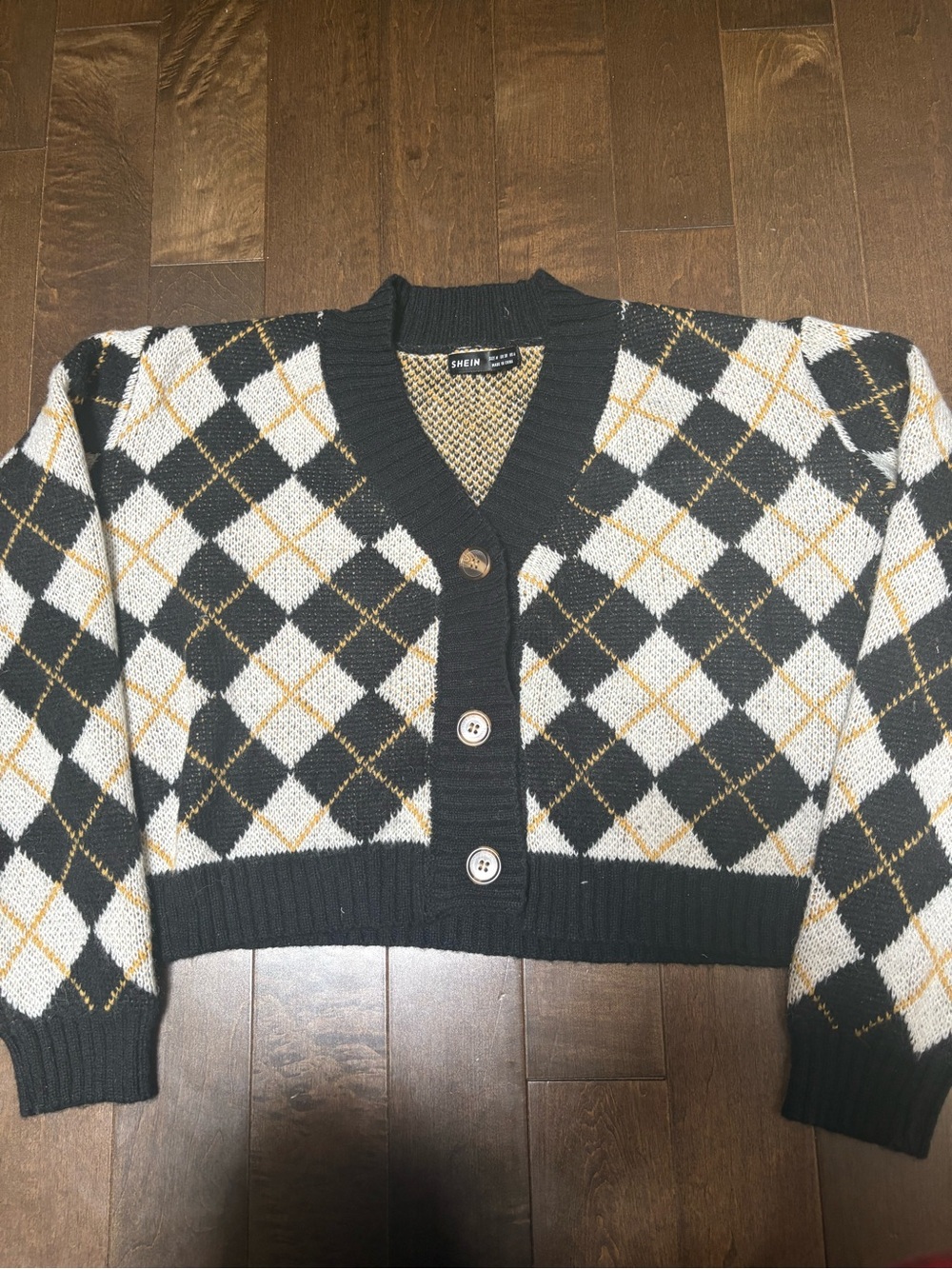 Shein Black Argyle Cropped Button-Up Sweater